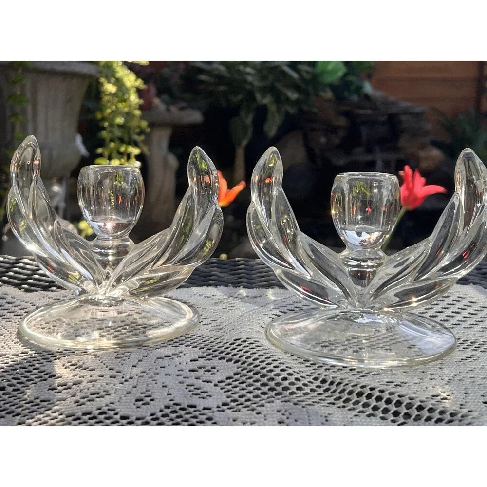 1960s Vintage Glass Lotus Candle Holders Pair Mid Century  Wheat Sheaf/winged